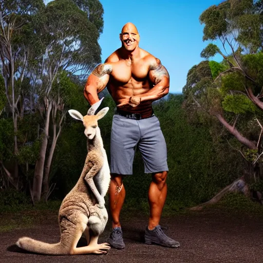 Prompt: dwayne johnson posing with a kangaroo, studio photography, high detail, ultra high detail, 4 k, hdr, 8 k