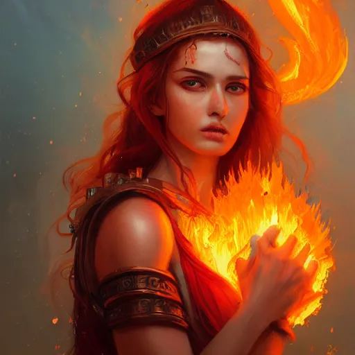 Image similar to a beautiful portrait of a fire goddess, flaming background, a detailed painting by greg rutkowski and raymond swanland, featured on cgsociety, fantasy art, detailed painting, artstation hd, photorealistic