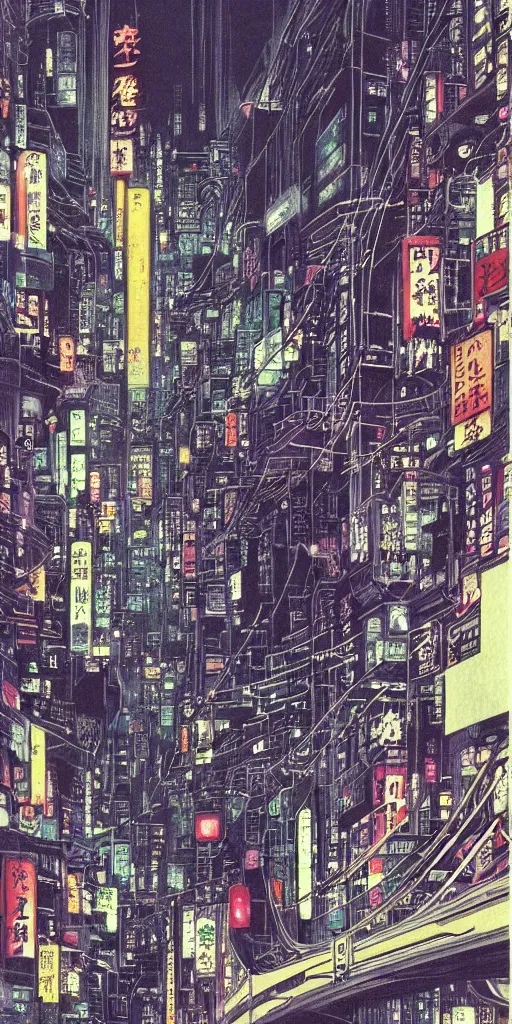 Image similar to beautiful and detailed anime drawing of an GHOST IN THE SHELL-like cyberpunk city landscape with light trail from a motorcycle at the bottom and a bridge silhouette at the top, japan at night, 1980s, by Katsuhiro Otomo and mamoru oshii, wide angle, worm\'s eye view, grand, clean, colorful