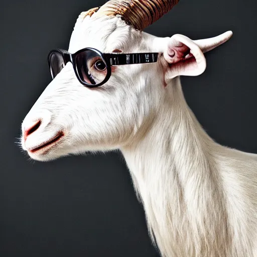 Prompt: front portrait of a smart goat in a suit wearing glasses, dslr camera in his neck, punk hair hd, high resolution, annie leibovitz