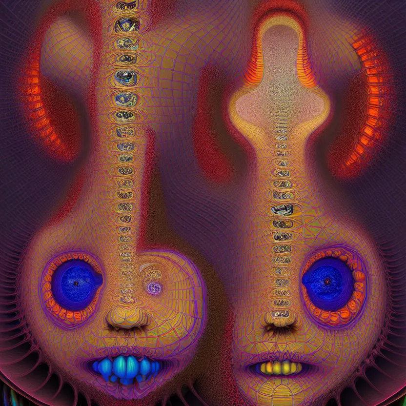 Image similar to 3 d render of infinite fractals of consciousness, recursion, face, surreal, by salvador dali and mc escher and alex grey, oil on canvas, hd, dreams, intricate details, warm colors, octane render