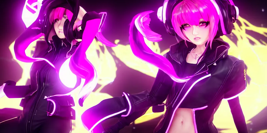 Image similar to KDA Ahri with her eyes closed singing facing the camera centered with headphones on in the style of a code vein character, momo from twice in code vein in the style of WLOP, artgerm, yasutomo oka, rendered in unreal engine and redshift octane , background is surrounded by epic neon glitch effect digital art dynamic dramatic lighting, soft lighting, imagine fx, artstation, cgsociety, by Bandai Namco artist,