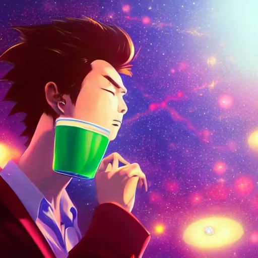 Image similar to A man drinking a cup of cosmic energy bright light by Masafumi Harada, 4k, digital art, surreal, anime style, space dandy style, highly detailed, godsend, artstation, digital painting, concept art, smooth, sharp focus, illustration