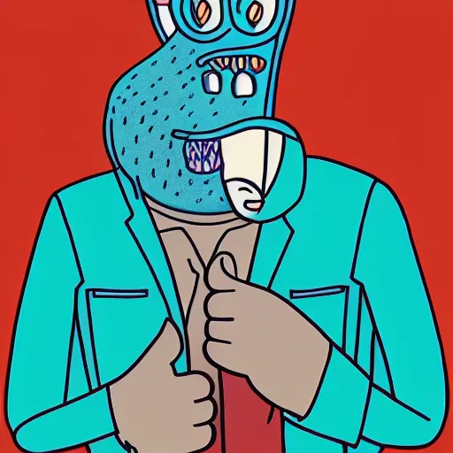 Image similar to illustration of a anthromorphic catfish giving a thumbs up in the style of bojack horseman, by lisa hanawalt