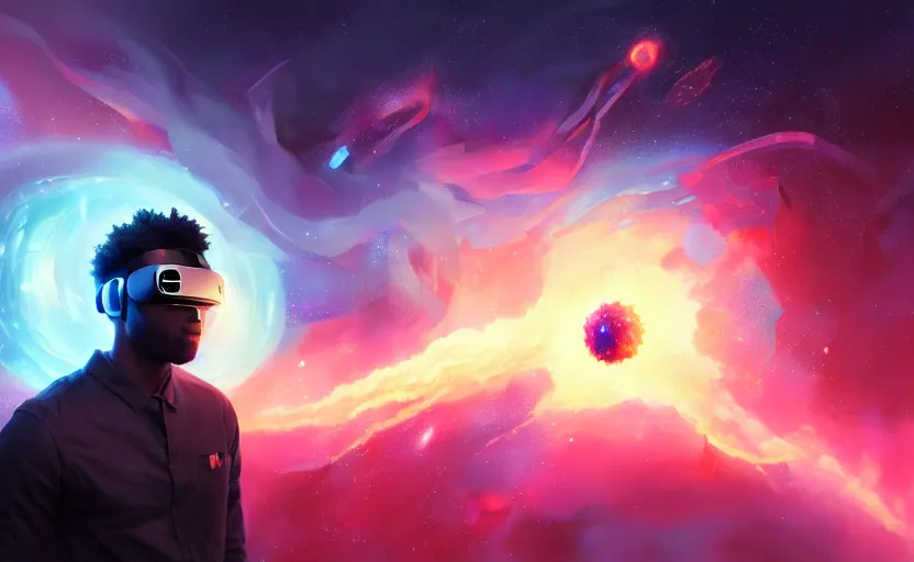 Image similar to handsome black genius hacking the metaverse, vr headset, holographic keyboard and curved digital holographic displays, floating through spacetime, exploding nebulae, highly detailed, digital painting, artstation, concept art, smooth, sharp focus, illustration, art by wlop, mars ravelo and greg rutkowski