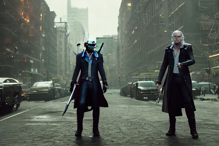 Image similar to vfx movie suave handsome grinning vampire with long white hair, trench coat, dual wielding large revolvers, leaping into the air, low gravity in a shattered reality of new york city, witcher devil may cry by emmanuel lubezki