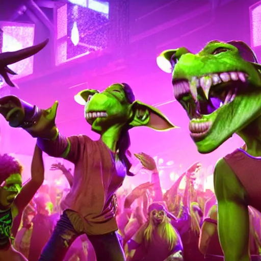 Image similar to goblins partying at a rave, green skin, octane render, 8 k, fantasy