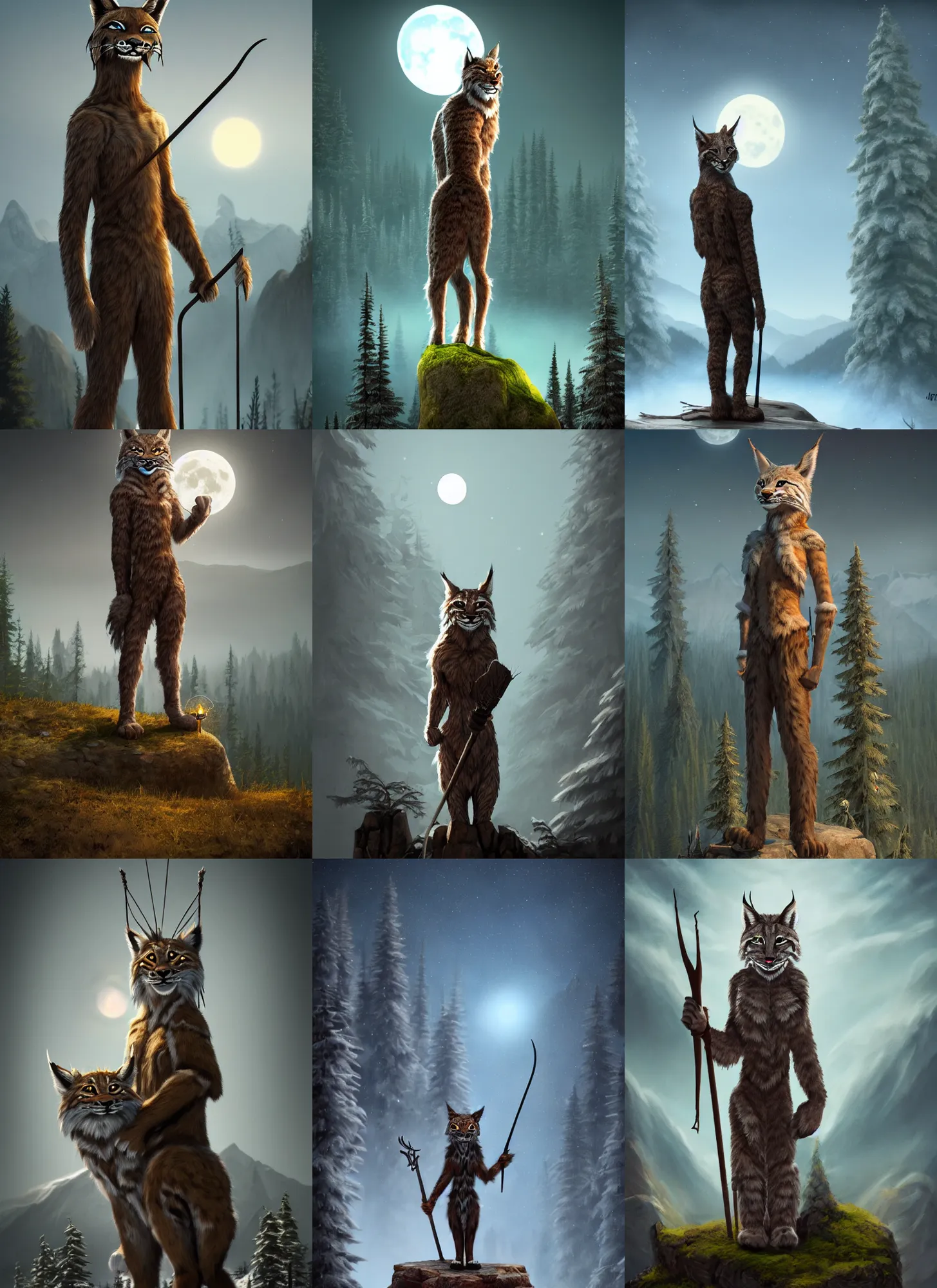 Prompt: anthropomorphic lynx standing tall, holding a scepter, night, spruce trees on the sides, mountains in the background, eerie dark atmosphere, moonlit, back light, fantasy movie, fantasy matte painting, trending on artstation