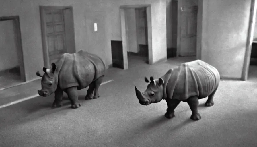 Prompt: a rhinoceros in a stalinist style room, by mini dv camera, very very low quality, heavy grain, very blurry, accidental flash, caught on trail cam