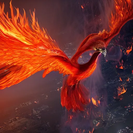 Prompt: hyperdetailed photo of a detailed flaming phoenix wings spread 8 k extremely detailed hd hyperrealism unreal engine daz 3 d
