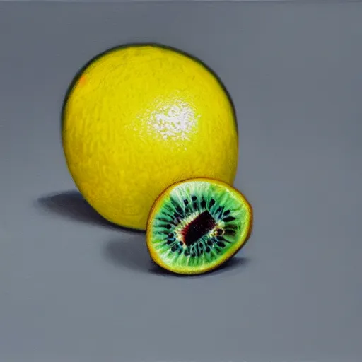 Image similar to a painting of a kiwi disguised as a lemon, trending on artstation, full hd, award winning, beautiful illustration, 4k