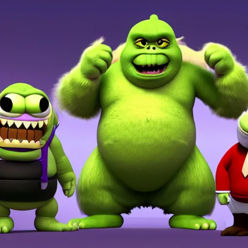 Image similar to donald trump godzilla yoda donkey kong pikachu yeti shrek super mario homer groot waluigi darth vader mike wazowski, highly detailed, extremely high quality, hd, 4 k, 8 k, professional photographer, 4 0 mp, lifelike, top - rated, award winning, cinematic, realistic, detailed lighting, detailed shadows, sharp, no blur, edited, corrected, trending