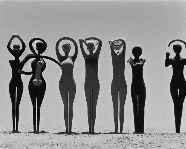 Image similar to a group of people standing on top of a sandy beach, a surrealist sculpture by Oskar Schlemmer, tumblr, surrealism, surrealist, grotesque, 1970s