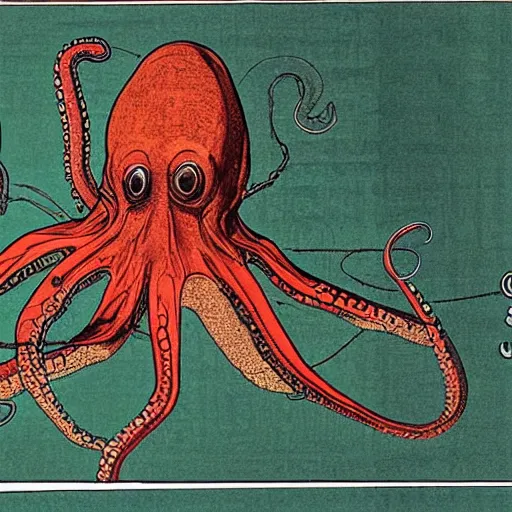 Image similar to screenshot of a page from a 1990s natural history book on octopus anatomy notes on illustrations by davinci,jamie hewlett,steven wiltshire,vivid bright colour pallette, high contrast, cycles render