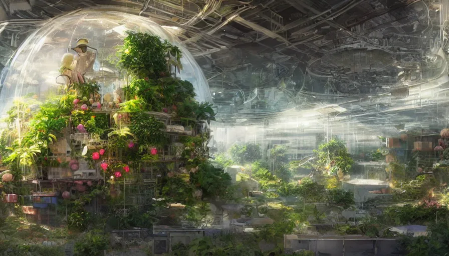 Image similar to craig mullins and ghibli digital illustration vertical farms and hydroponics under a force field dome, colorful, unreal engine, hyper realism, realistic shading, cinematic composition, realistic render, octane render, detailed textures, photorealistic, wide shot