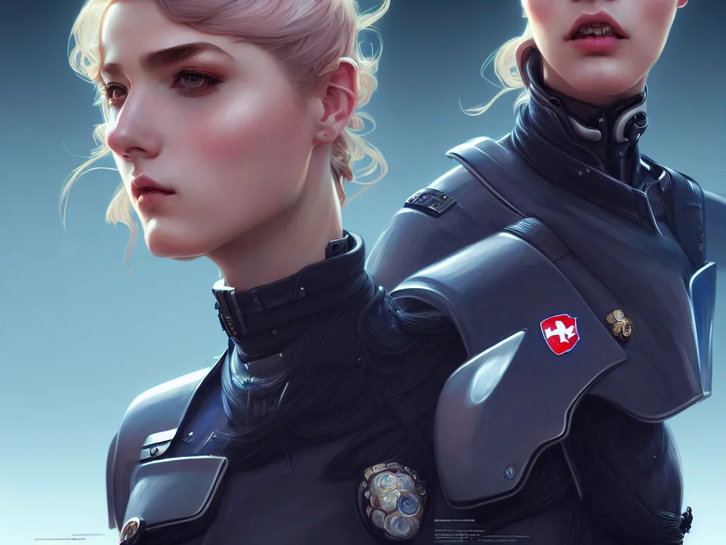 Image similar to portrait futuristic swiss police uniform female, at future neon light rooftop, ssci - fi and fantasy, intricate and very very beautiful and elegant, highly detailed, digital painting, artstation, concept art, smooth and sharp focus, illustration, art by tan zi and ayanamikodon and alphonse mucha and wlop