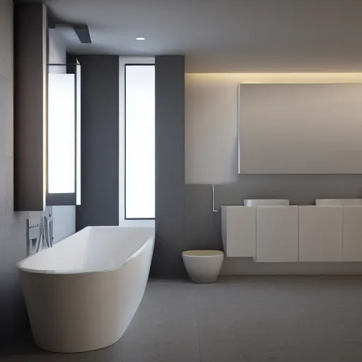 Prompt: bathroom with warm white led strip lighting, photorealistic, product render