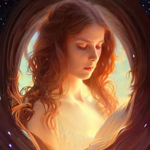 Image similar to girl with super long hair, hair becoming night stars, intricate, highly detailed, digital painting, artstation, concept art, smooth, sharp focus, illustration, unreal engine 5, 8 k, art by artgerm and greg rutkowski and alphonse mucha