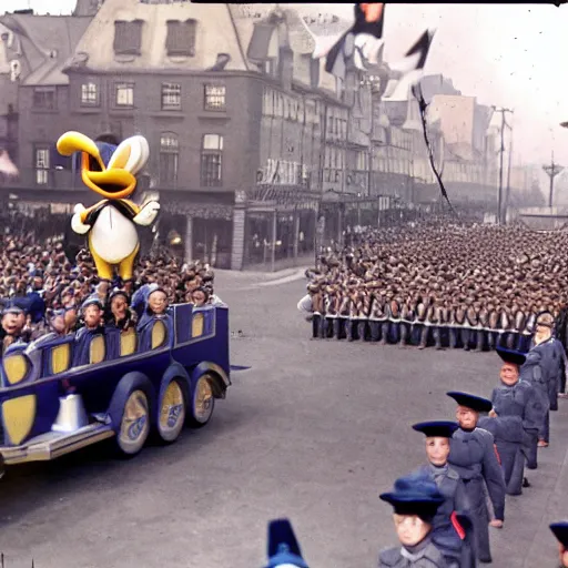 Image similar to historic colorized photograph of donald duck at a nazi parade in 1 9 3 6