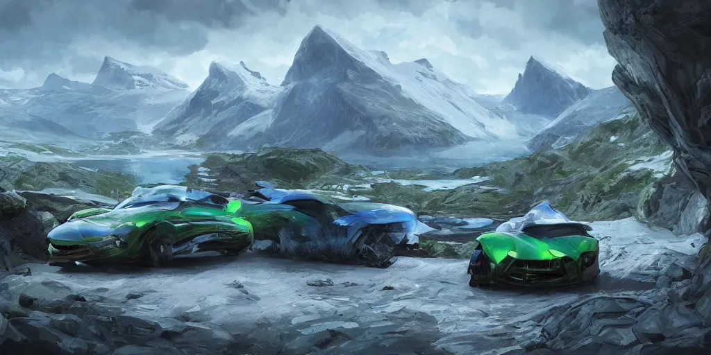 Image similar to wide angle, blue knight, green hatchback car, glacier landscape, norway, D&D, fantasy, intricate, elegant, highly detailed, digital painting, artstation, octane render, concept art, matte, sharp focus, illustration, hearthstone, art by Artgerm and Greg Rutkowski and Alphonse Mucha