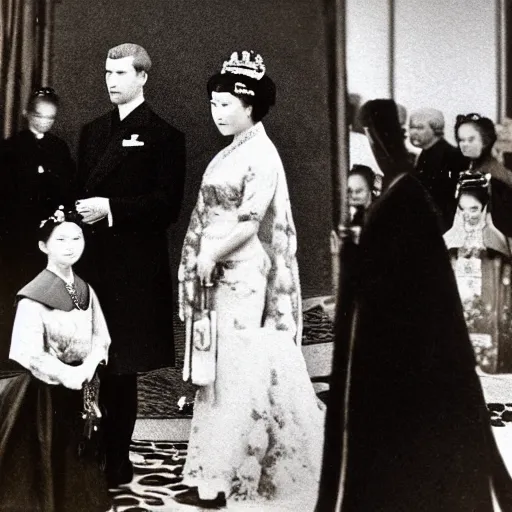 Prompt: An extreme closeup shot, colored black and white Russian and Japanese mix historical fantasy photographic portrait of a Royal wedding of the empress and emperor exchanging the wedding rings, golden hour, warm lighting, 1907 photo from the official wedding photographer for the royal wedding.