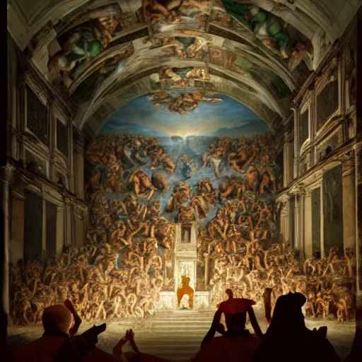 Image similar to the sistine chapel breaks in half as a portal from hell opens up, lucifer morningster emerges along with hordes of demons, the terrified priests and the pope look at the scene with terror in their eyes. highly detailed painting by gaston bussiere, greg rutkowski, craig mullins 8 k