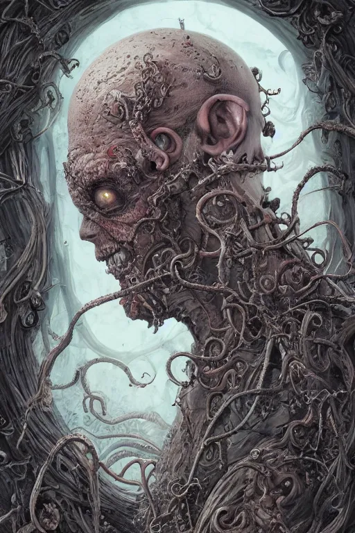 Image similar to centered horrifying detailed side view profile portrait of a insane, crazed, mad old bald zombie, ornate tentacles growing around, ornamentation, thorns, vines, tentacles, elegant, beautifully soft lit, full frame, 8 k by wayne barlowe, peter mohrbacher, kelly mckernan, h r giger