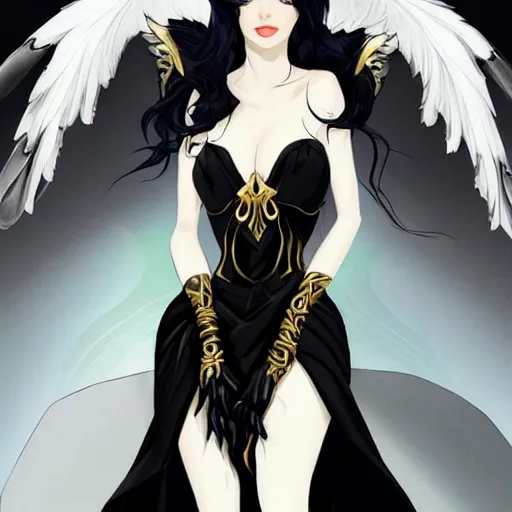 Prompt: An impeccable beauty, Albedo is a woman with lustrous jet-black hair and the face of a goddess. She has golden irises and vertically split pupils; on her left and right temples are two thick horns protruding crookedly, and on her waist are a pair of black angel wings. Albedo wears a pure white dress with silky gloves covering her slender hands and a golden spiderweb necklace that covers her shoulders and chest. In combat, she wears an impressive black full plate armor with a unique helmet and carries a battle-axe with her. Octane Render, Photorealistic Render, Hyper Realistic, Noir