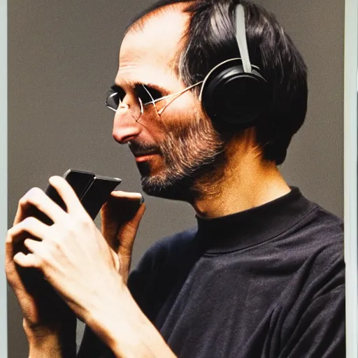 Prompt: portrait of steve jobs listening to rem on his ipod palo alto 1 9 8 8, in thomas ruff style, 3 5 mm ektachrome