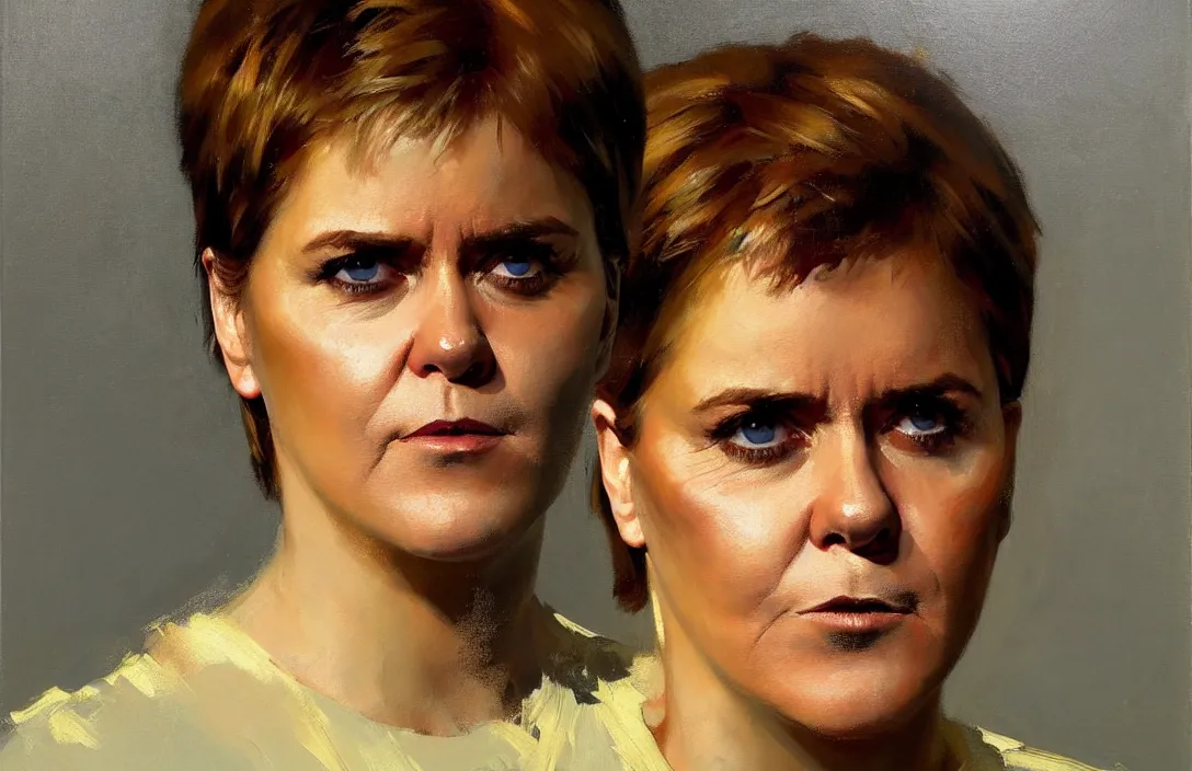 Prompt: portrait of nicola sturgeon!!!!!!!!!!!!!!!!!!!!!!!!!!!, detailed face, detailed painting, epic lighting, by ilya repin, phil hale and kent williams