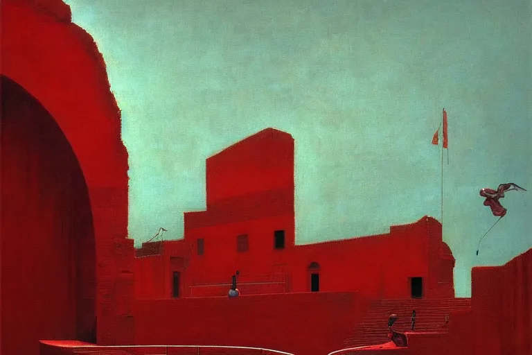 Image similar to only with red, a red great emperor, taormina amphitheatre, expressive crowd hails him, in the style of beksinski, parts by edward hopper, parts by rodcenko, parts by yue minjun, intricate and epic composition, red by caravaggio, insanely quality, highly detailed, masterpiece, red light, artstation, 4 k