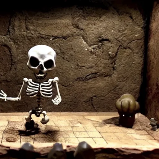 Prompt: skeleton character does his victory dance in the dungeon, claymation, stop motion, dimly lit, highly detailed