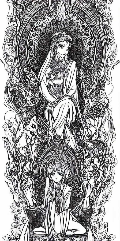 Prompt: a mystical woman priestess sitting on a throne, the divine feminine, drawn by studio UFOTABLE, fine line work