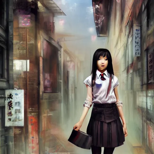 Image similar to a perfect, surrealistic professional oil painting of a Japanese schoolgirl posing in a dystopian alleyway, style of Marvel, full length, by a professional American senior artist on ArtStation, a high-quality hollywood-style concept