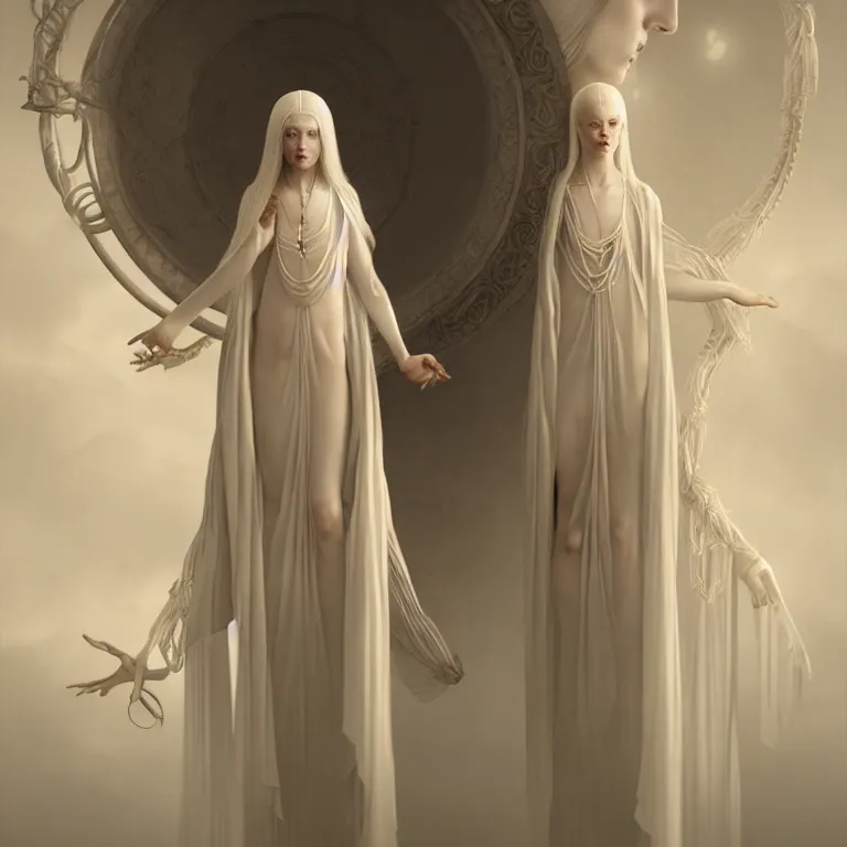 Prompt: alone with herself wonderful symmetrical woman albino goddess with a wonderful face with a beautiful porcelain symmetrical body dressed with a majestic semi transparent cream long cotton dress, hightly ornate, intricate, detailed, dramatic light, award winning, octane render, tom bagshaw style