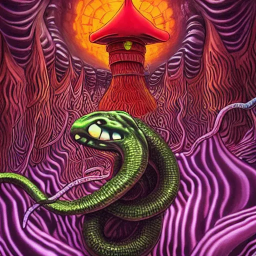 Prompt: A centered chest up portrait of a psychedelic demonic anthropomorphic snake smoking a hand-rolled cigarette smoking heavily , magic mushroom village in background , IMAX cel animation by tokyo movie shinsha , award winning. superb resolution. in the art style of junji Ito and greg rutkowski . Detailed Mushroom city in background. Hyper realistic anime. Perfect art. Dalle2