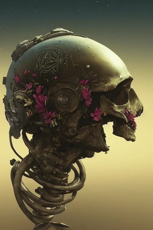 Prompt: subsurface scattering, biomechanical skull astronaut with flowers coming out of the helmet, rhizomorphs, cosmos, octane render, dramatic lighting, maxfield parrish, james jean, gustave dore, giger, beeple, 8 k, very coherent, trending on artstation