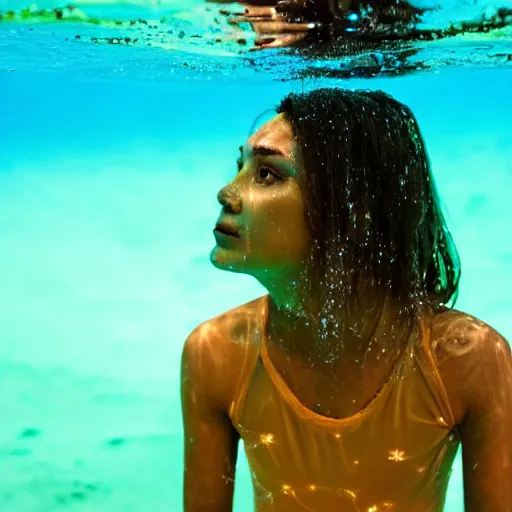 Image similar to girl with bioluminescent skin swimming underwater