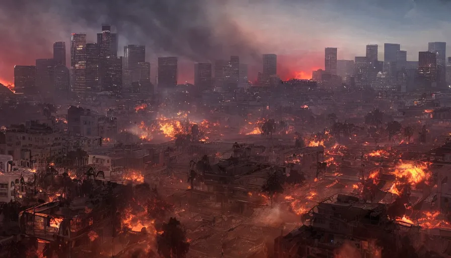 Image similar to los angeles destroyed by an earthquake, collapsed buildings, dust particles, fire, ashes and smoke columns, sunset, game map matte painting, hyperdetailed, artstation, cgsociety, 8 k