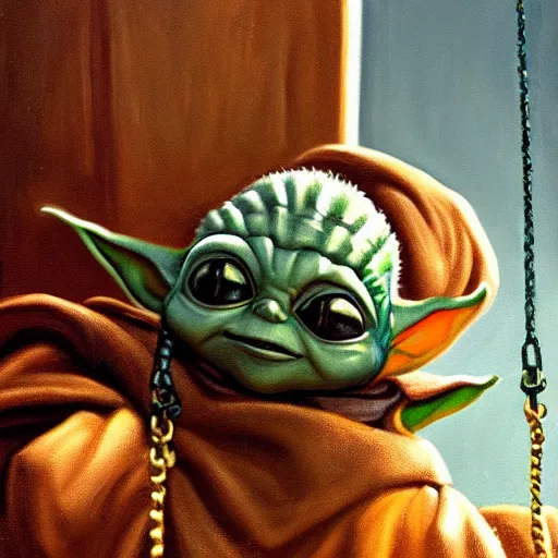 Prompt: masterful oil on canvas painting, eye - level view, medium - shot, baby yoda is at the busy school playground in a cyberpunk city. baby yoda smiles and plays on a swing set. golden hour. realism, detailed, depth, chiaroscuro, limited color palette. in the background some balloons float in the sky. mandalorian ( tv ).