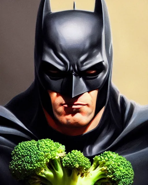 Image similar to Close-up stunning portrait of Batman eating broccoli, digital painting, concept art, highly detailed, digital painting, Trending on Artstation, 8K, by artgerm and greg rutkowski and alphonse mucha