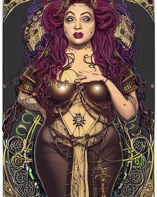 Image similar to a detailed portrait illustration of a steampunk sorceress - laywer. beautiful obese black female face. art nouveau, pop art, comic book style. influenced by neil gaiman, h. p. lovecraft, dan mumford, brian froud, kehinde wiley, killian eng, ross tran.