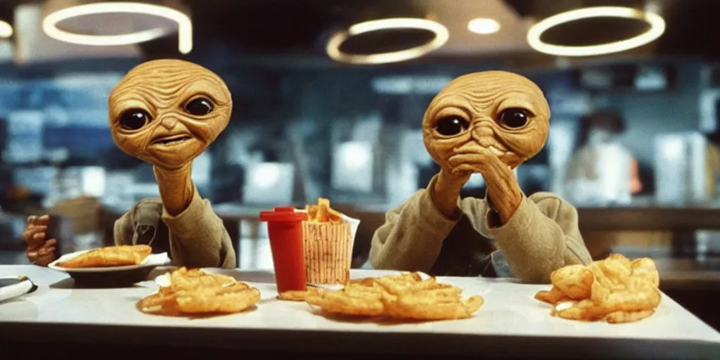 Image similar to e. t sitting in a mc donald ’ s restaurant with an angry expression because he got the wrong hamburger.