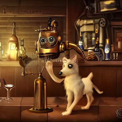 Image similar to a steampunk robot is at the bar and orders a drink from a (TY fluffy puppy) bartender, cgsociety.