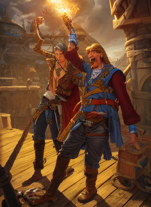 Image similar to an epic fantasy comic book style portrait painting of two bumbling idiot sky - pirates on the deck of a skyship looking at a chest, unreal 5, daz, hyperrealistic, octane render, cosplay, rpg portrait, dynamic lighting