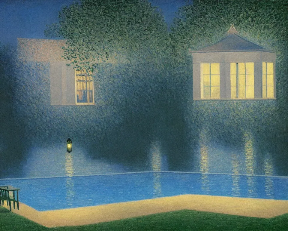 Image similar to achingly beautiful painting of a sophisticated, well - decorated pool house at night by rene magritte, monet, and turner.