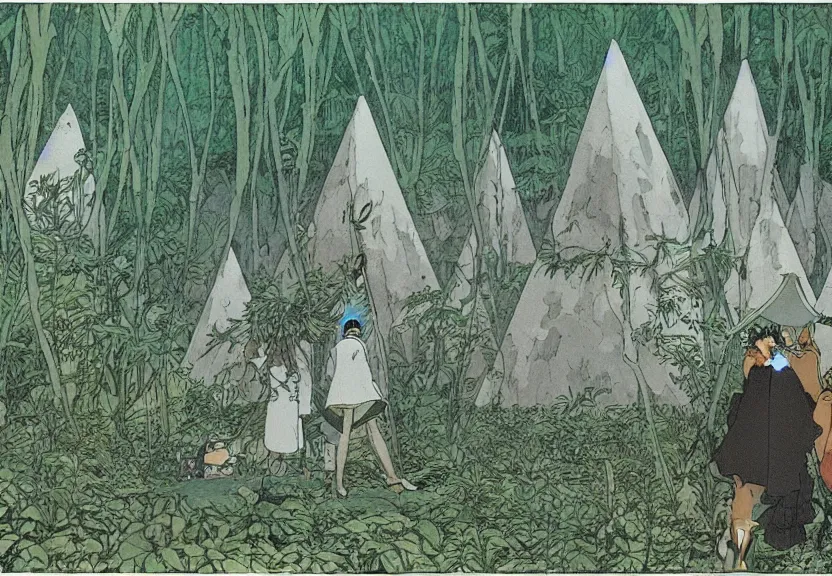 Prompt: a movie still from a studio ghibli film showing several large white pyramids in a swampy jungle. by studio ghibli, rebecca guay, michael kaluta, charles vess