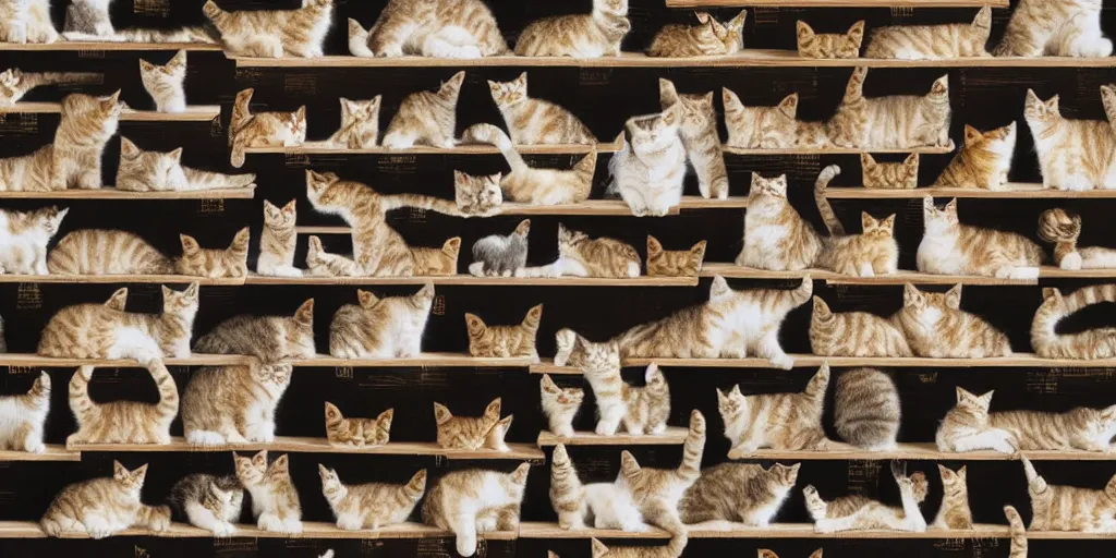 Prompt: Shelves lined with Cats, texture, view from front