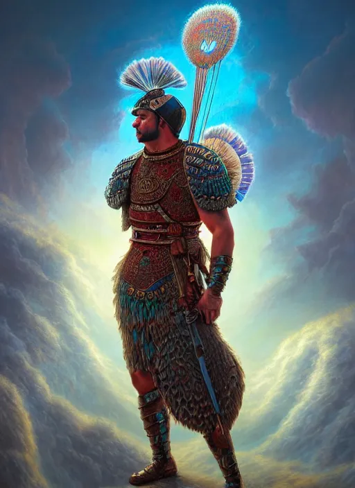 Prompt: roman centurion, nuclear, plume made of peacock feathers, in the style of tomasz alen kopera and fenghua zhong and peter mohrbacher and alex konstad, mystical colors, rim light, beautiful lighting, 8 k, stunning scene, raytracing, octane render, trending on artstation