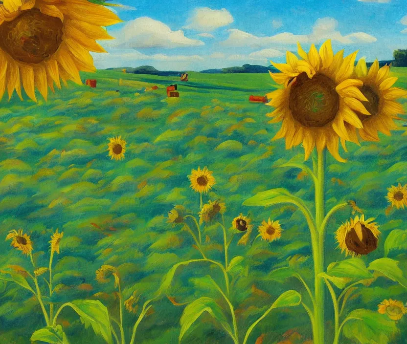 Prompt: a very detailed painting of a sunflower field, baby blue sky with very aesthetic stylized clouds, there is an ad billboard on the field, cows are on the field, an ufo is in the air, the ufo beams up a cow with a green light beam, in the style of edward hopper and kandinsky, very small brushstrokes, 4 k,